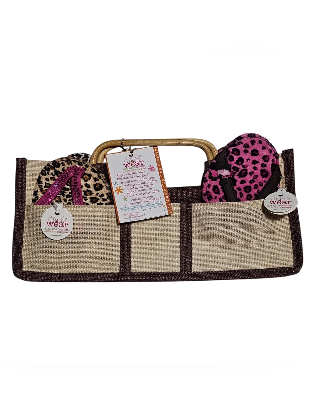 Drinkwear Flip Flop Coasters Set/4 Animal Print with Jute Carrying Tote Bag NEW